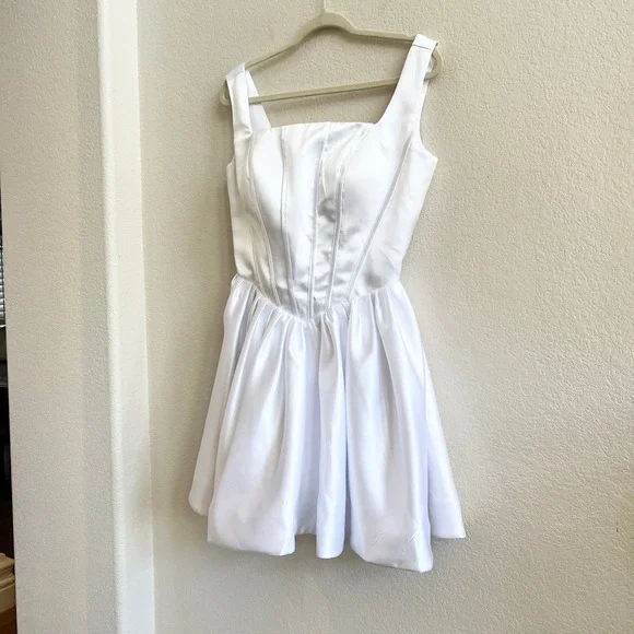 White Satin Corset Fit and Flare Mini Dress Bachelorette Party Bridal Graduation - Picture 9 of 13